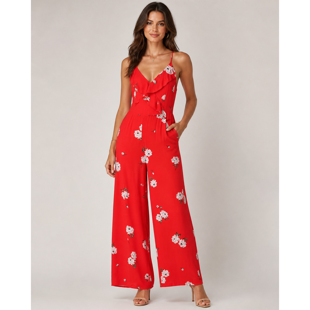 Divided H&M - Women's Red Floral Ruffle Wide Leg Jumpsuit - Sz 0 - EUC